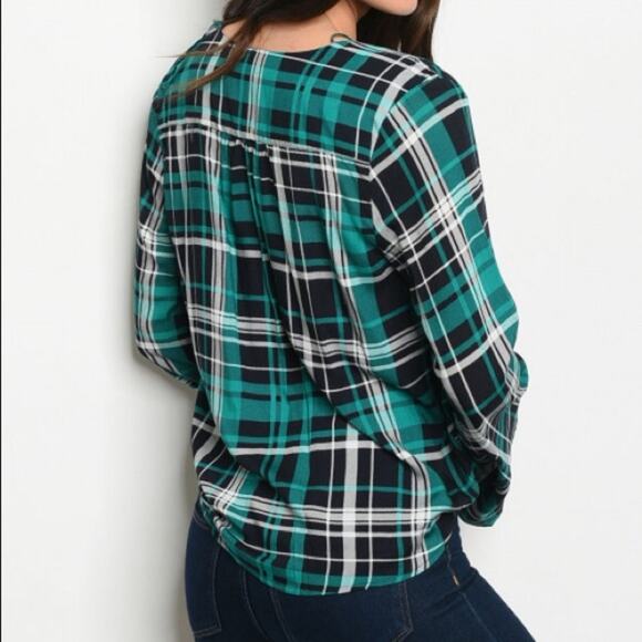 Plaid Surplice Top Bell Sleeve Green Blouse - Picture 2 of 5